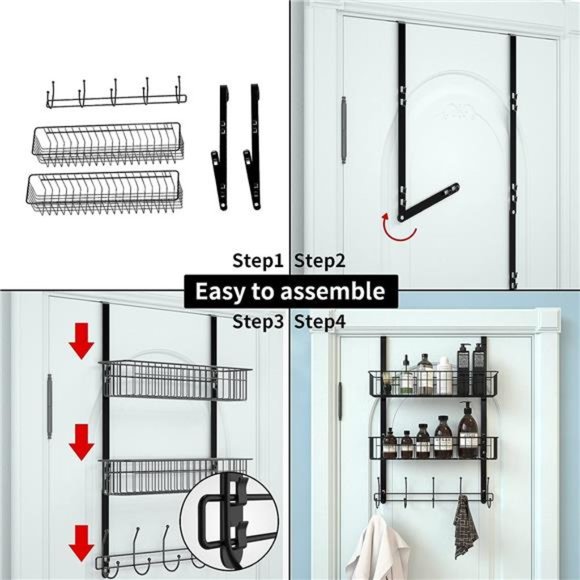 Over The Door Hooks, Door Hanger Towel Rack with 5 Coat Hooks & 2 Mesh Basket - Picture 3 of 6